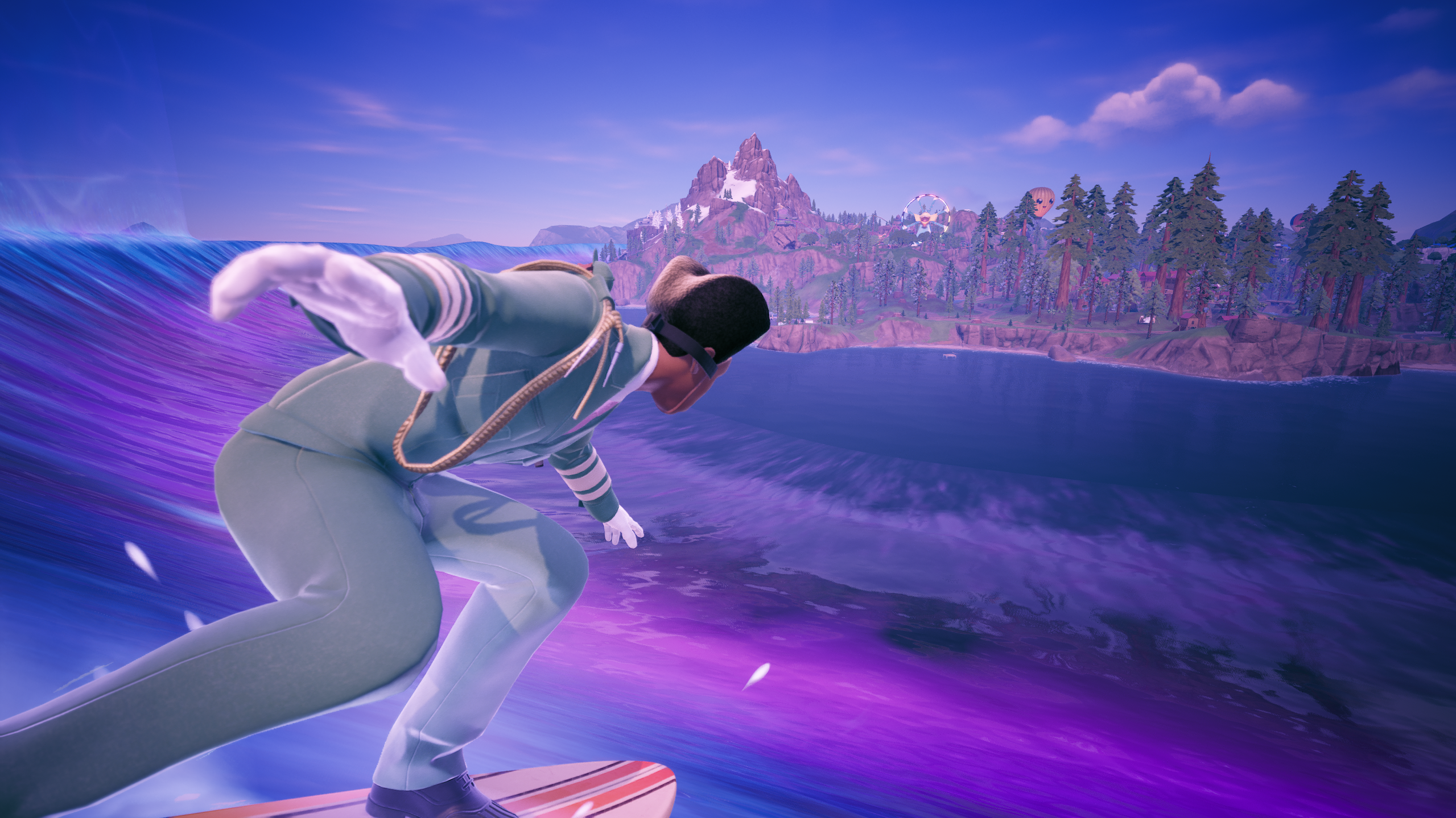 A cinematic shot of the player surfing into the map.