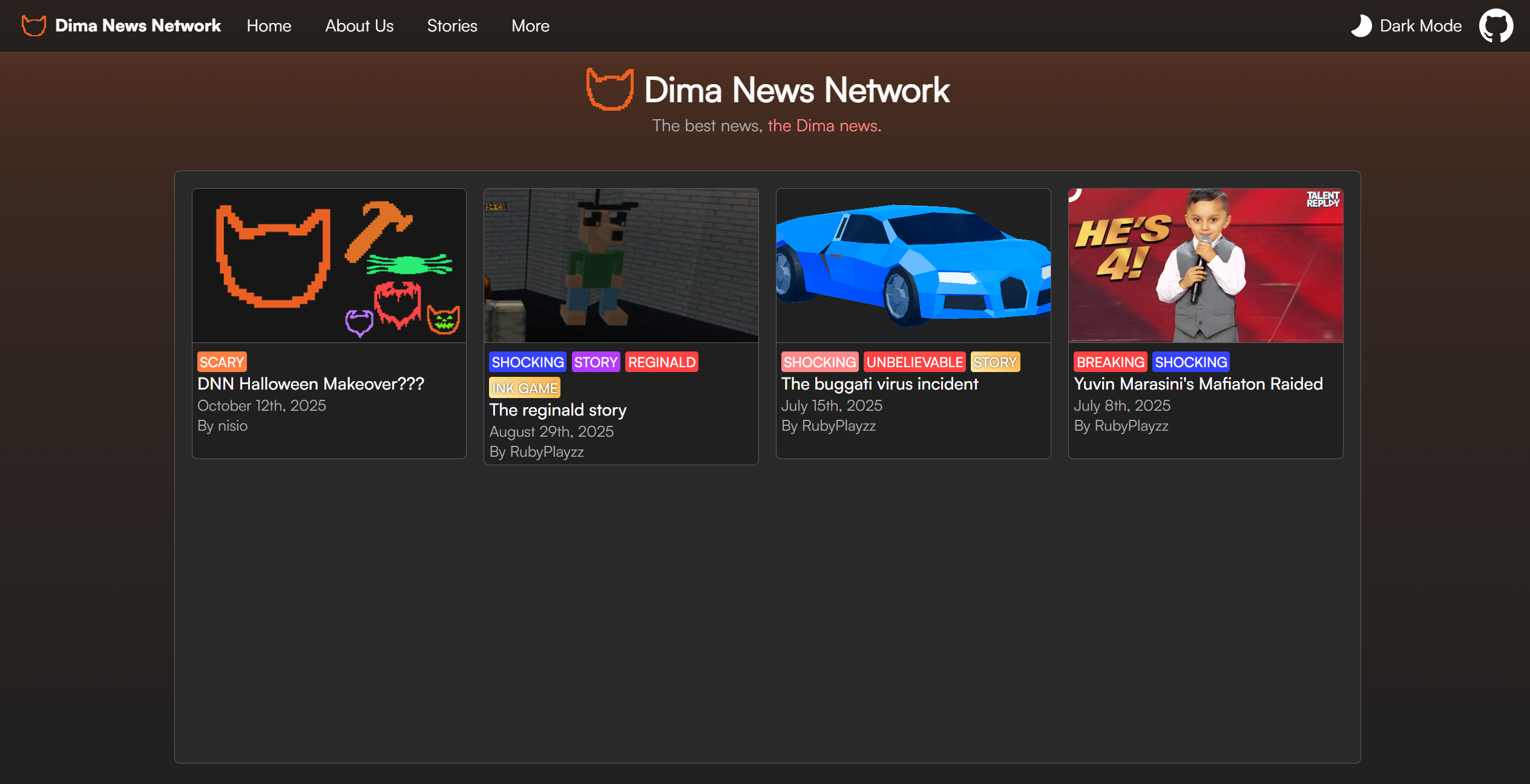 The homepage of Dima News Network, decorated for halloween 2025.